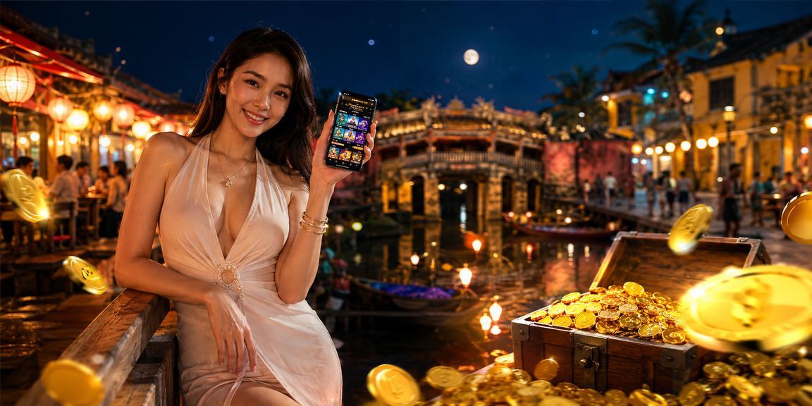 Người hâm mộ esports tại chợ đêm Hội An theo dõi kết quả cược trên điện thoại dưới ánh đèn lồng